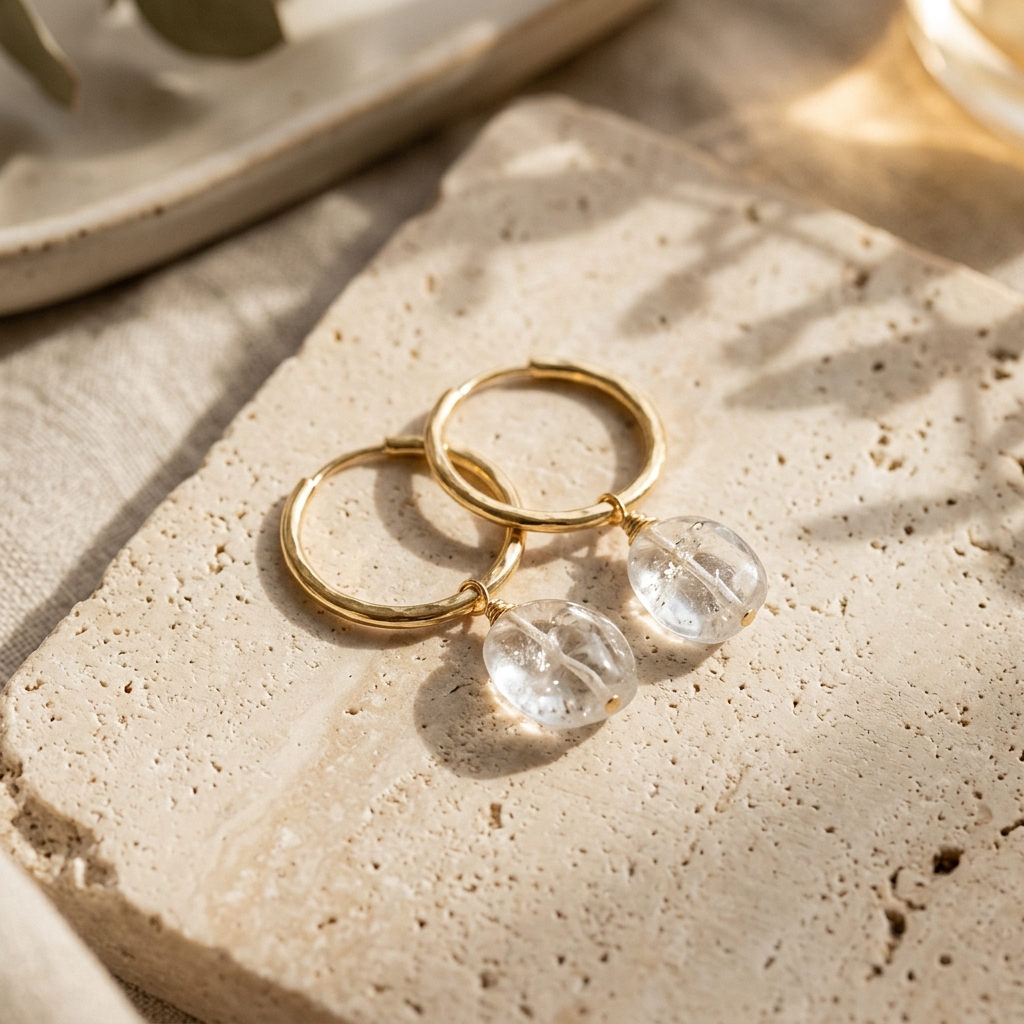 Minimalist 14K gold hoop earrings featuring clear, pebble-like organic quartz gemstone drops resting on naturally textured stone