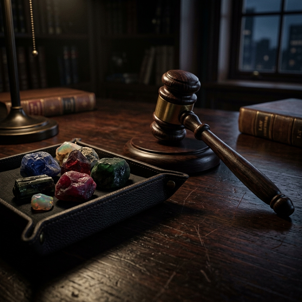 A dark, moody editorial composition of rough colored gemstones resting next to a legal wooden gavel