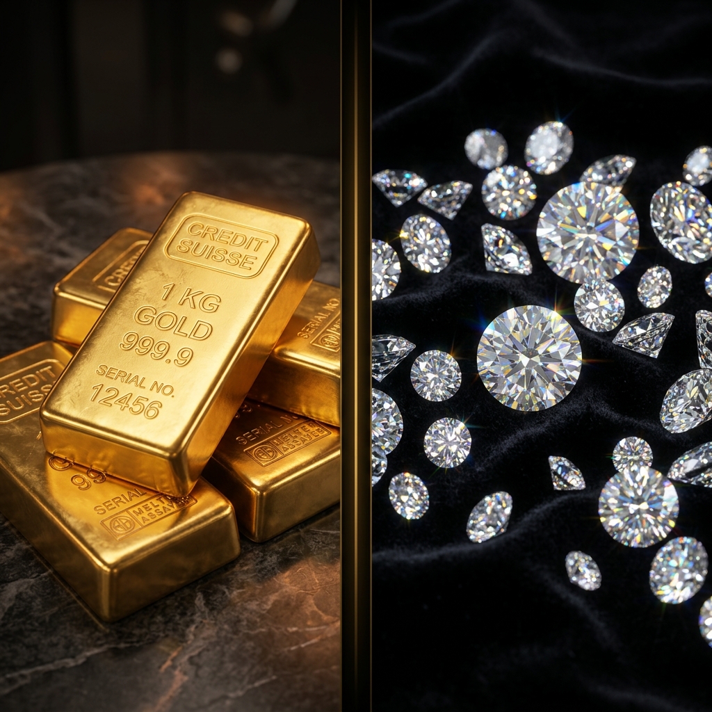 Gold bullion vs Diamonds split view