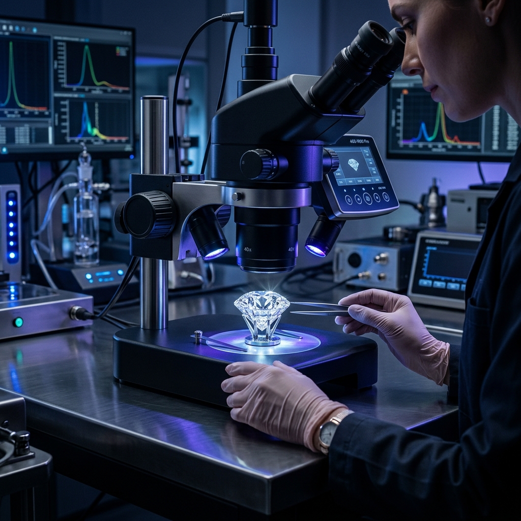 A brilliant cut diamond being examined under a modern, sleek gemological microscope in a high-tech luxury laboratory setting