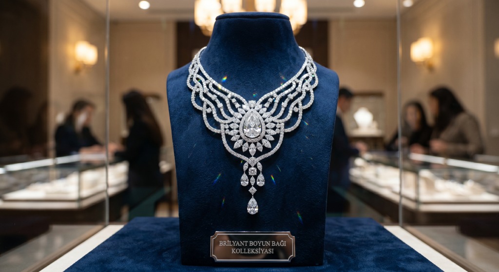 A luxurious diamond necklace by Vanessa Fernández displayed in a boutique
